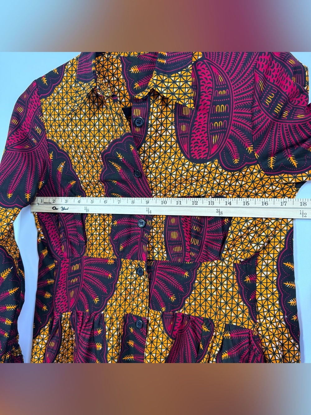 Grass-Fields Ankara African Belted Shirt Dress Long Sleeve Pockets Boho Size 10 - Picture 11 of 14